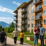 Community-integrated housing in Vancouver with a diverse group walking together in front of an inclusive apartment complex, showcasing accessibility and social interaction.
